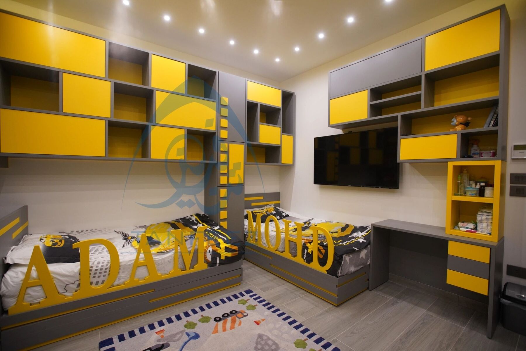 Children's bedroom with custom yellow joinery