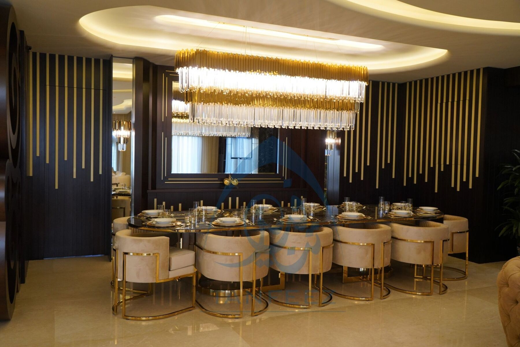 Dining room with a long crystal chandelier